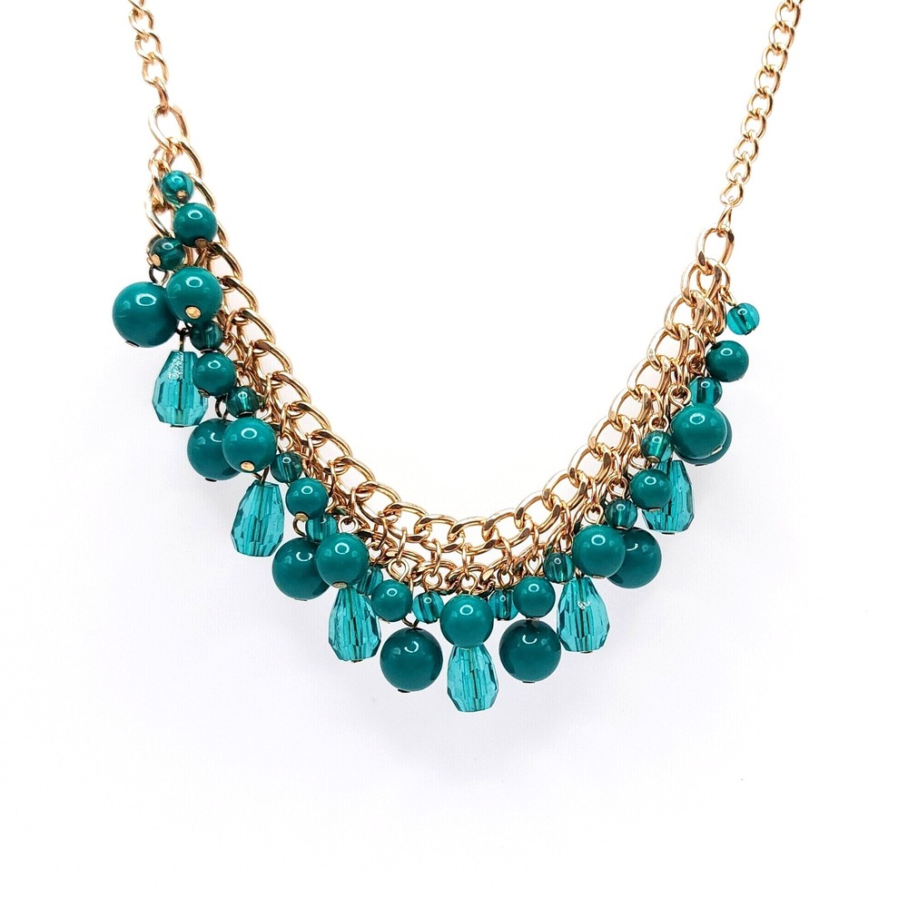 Paparazzi Gold Teal Bead Necklace Set Fringe Earrings 18in‎